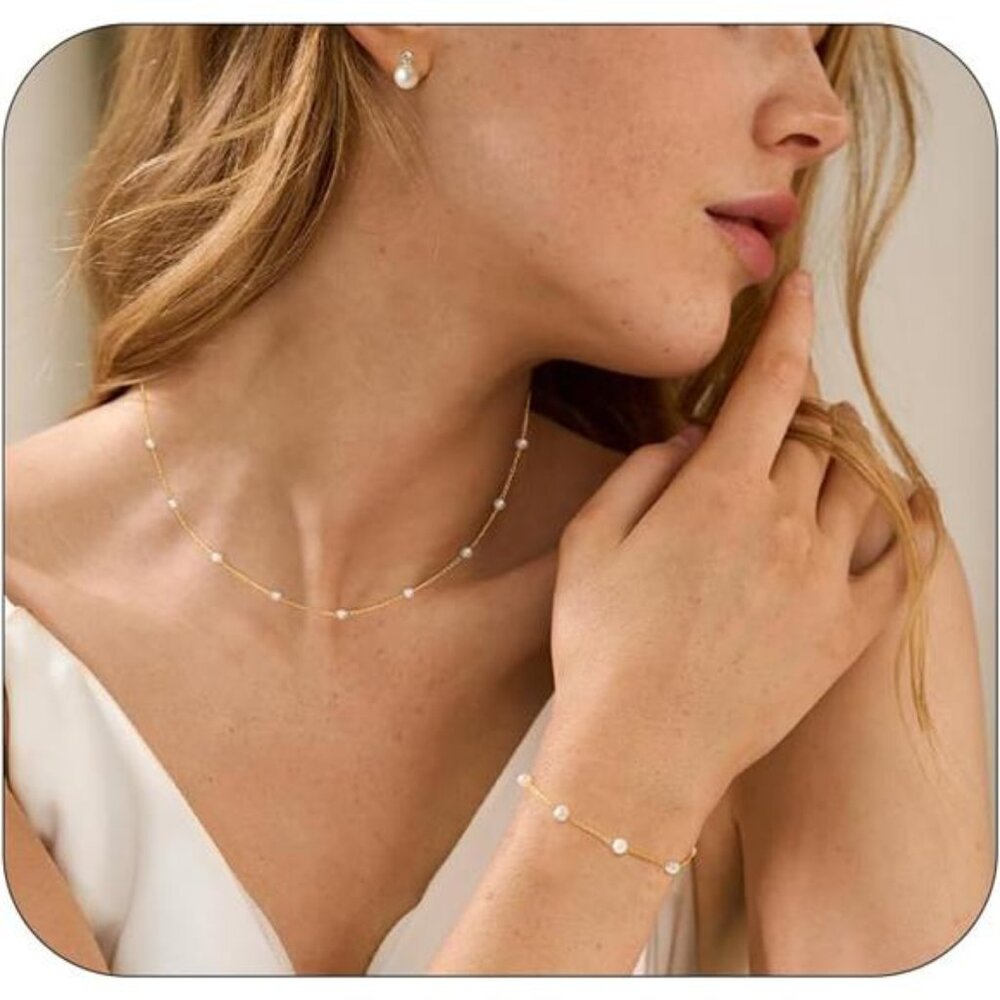 Gold Pearl Ncklace earrings bracelet set for women bridal wedding jewelry